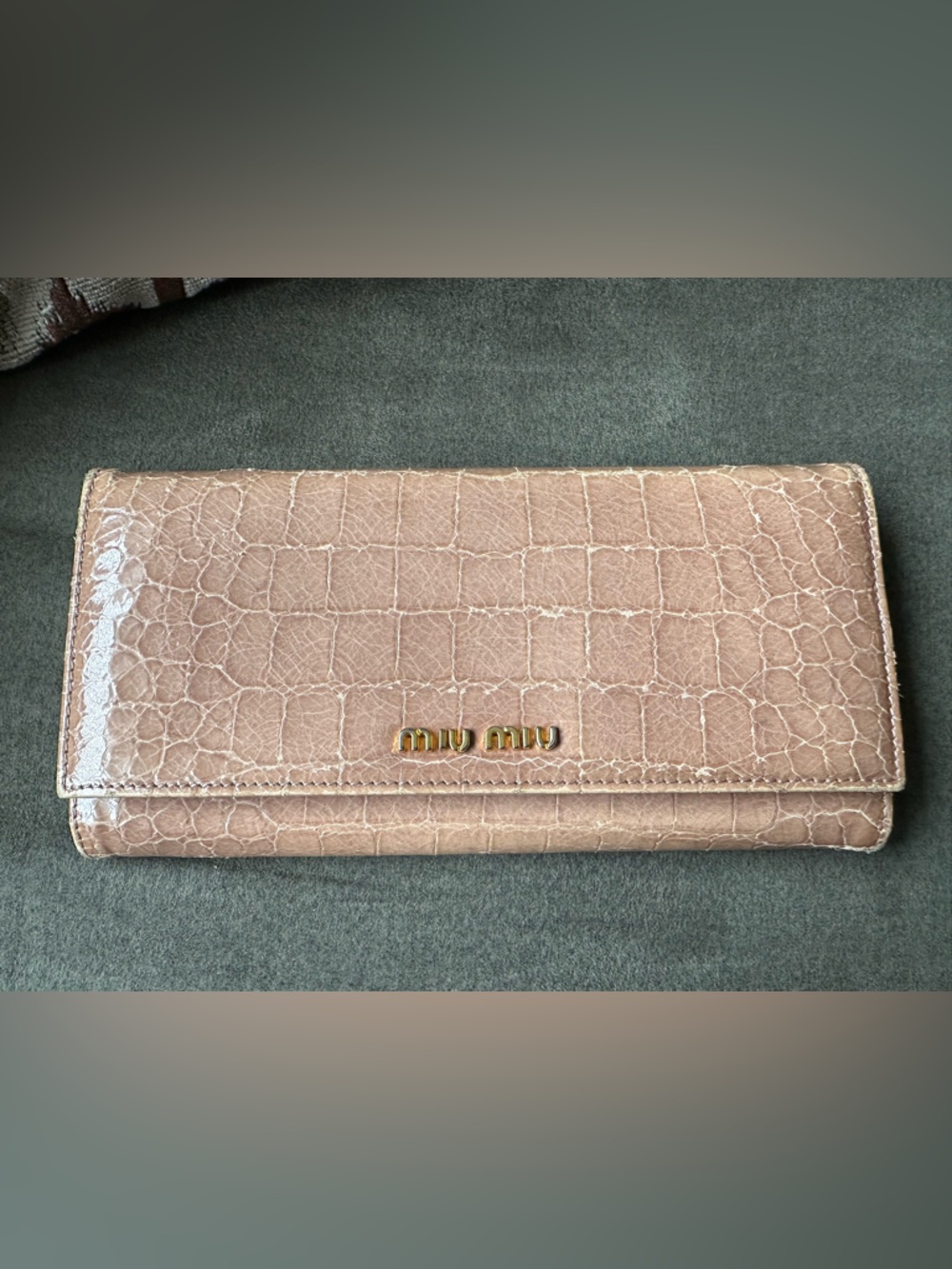 Miu Miu Blush Croc-Embossed Leather Long Wallet with Gold Logo